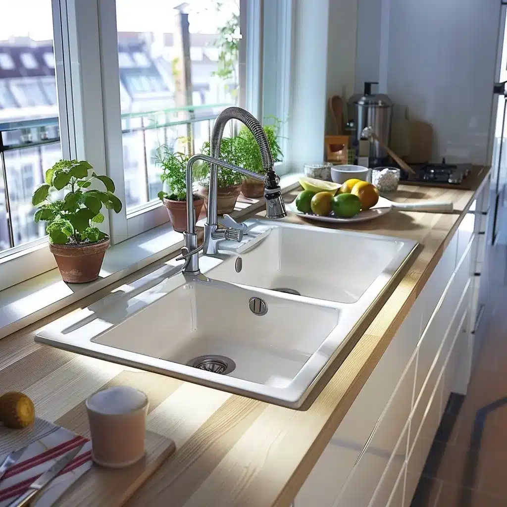 Cucina con lavello bianco sotto la finestra e vista sulla città
