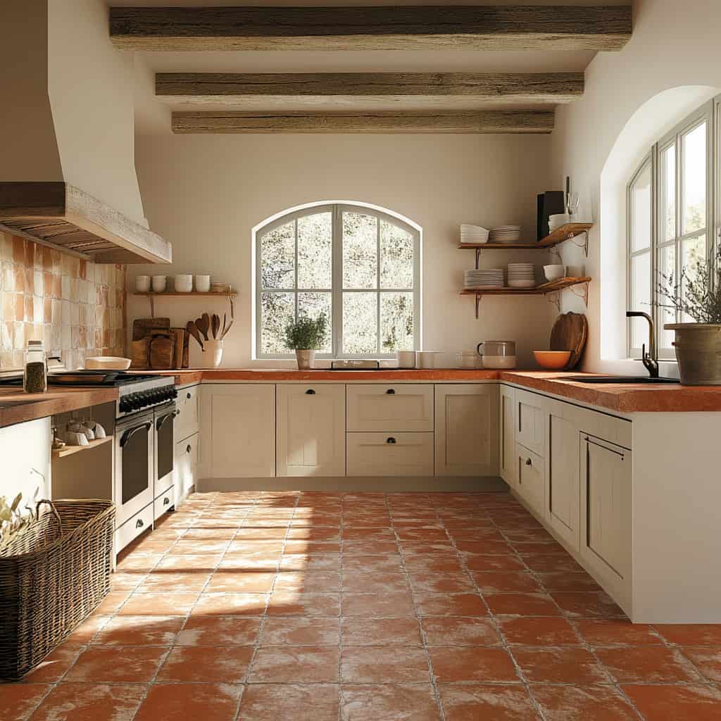 Cucina bianca con pavimento in cotto rosso