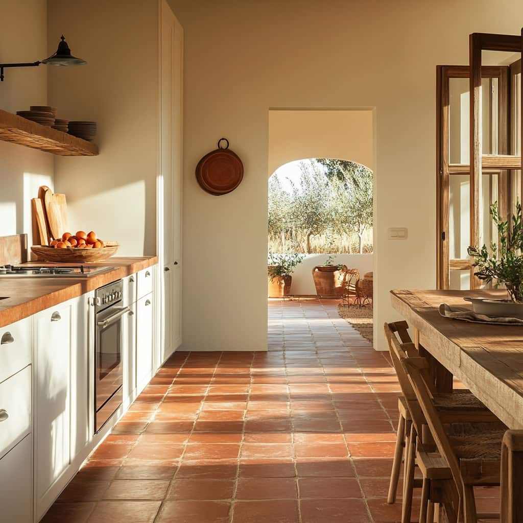 Cucina bianca con pavimento in cotto