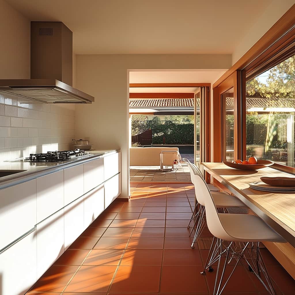 Cucina moderna bianca con pavimento in cotto