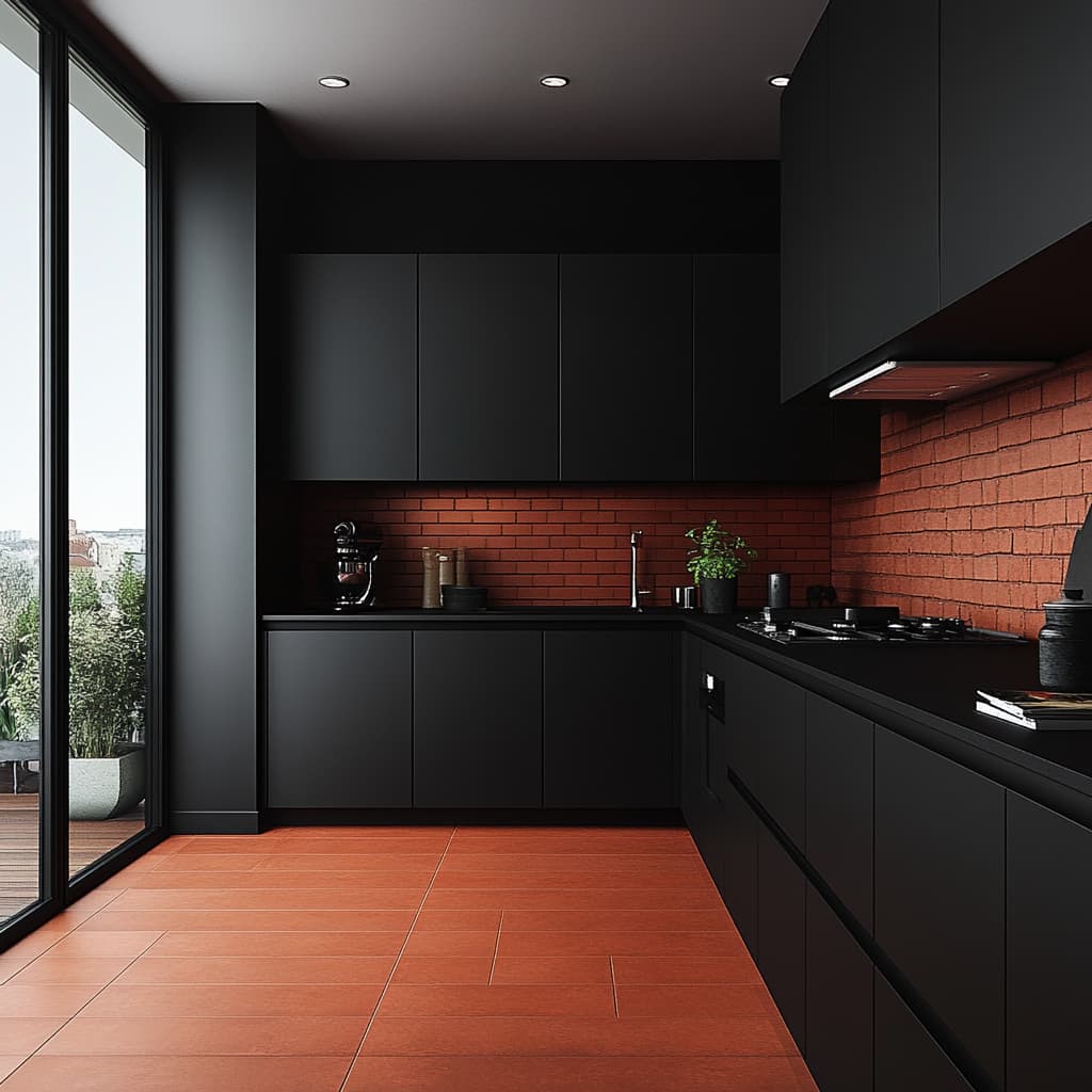Cucina moderna nera con pavimento in cotto
