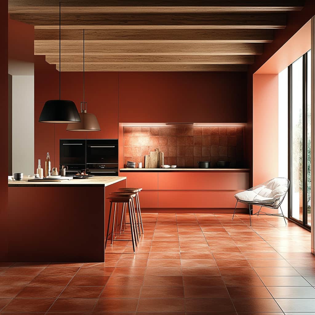 Cucina moderna rossa con pavimento in cotto