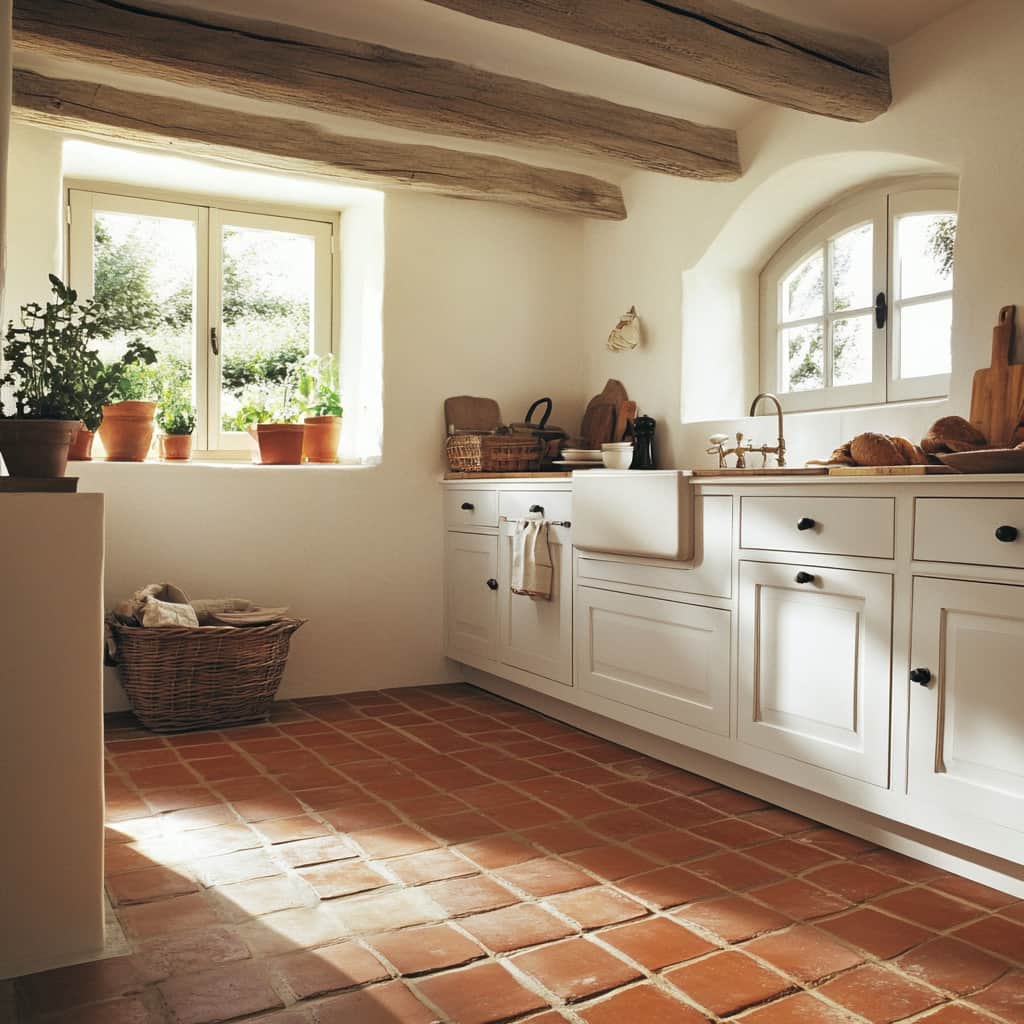 Cucina stile country con pavimento in cotto rosso