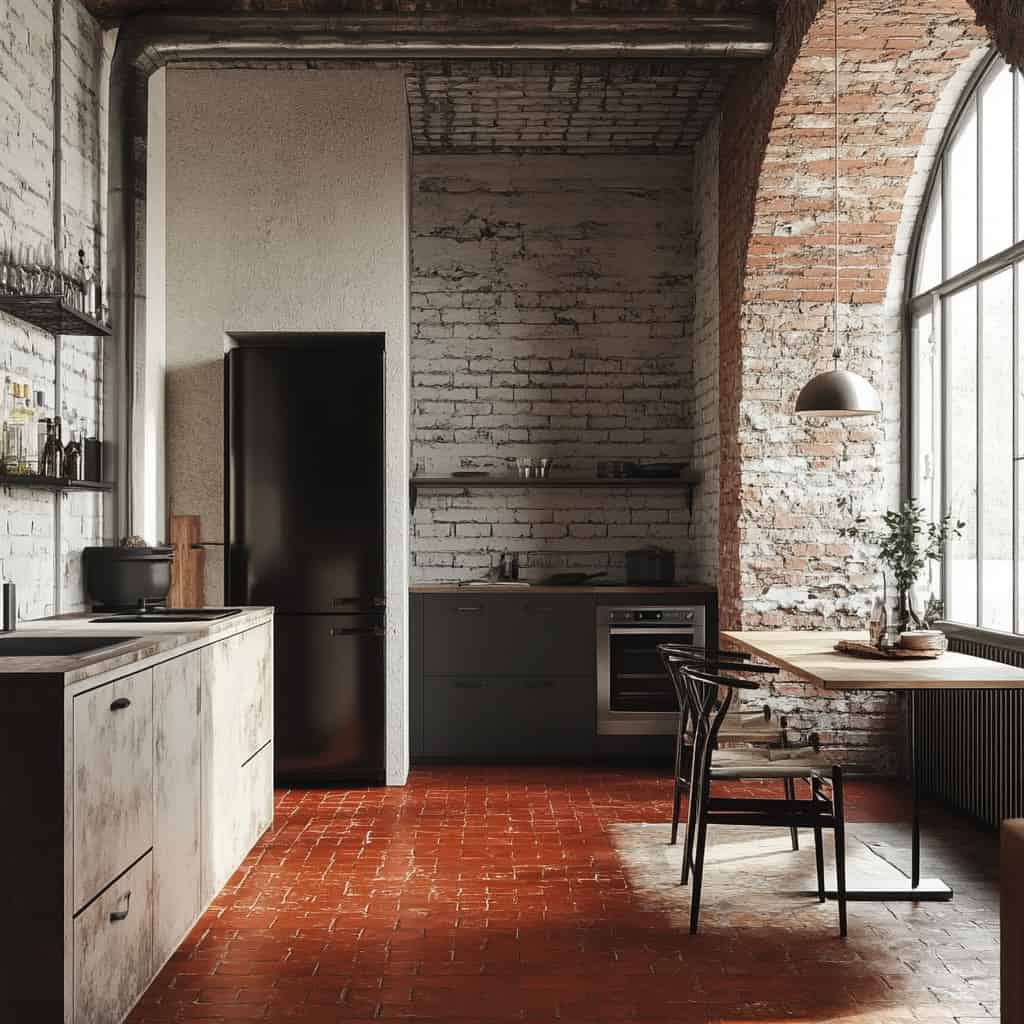 Cucina stile industriale con pavimento in cotto rosso