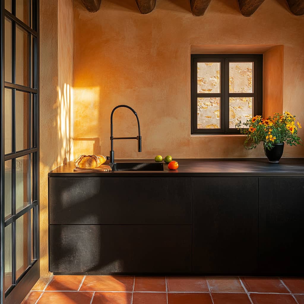 Cucina stile mediterraneo con pavimento in cotto rosso