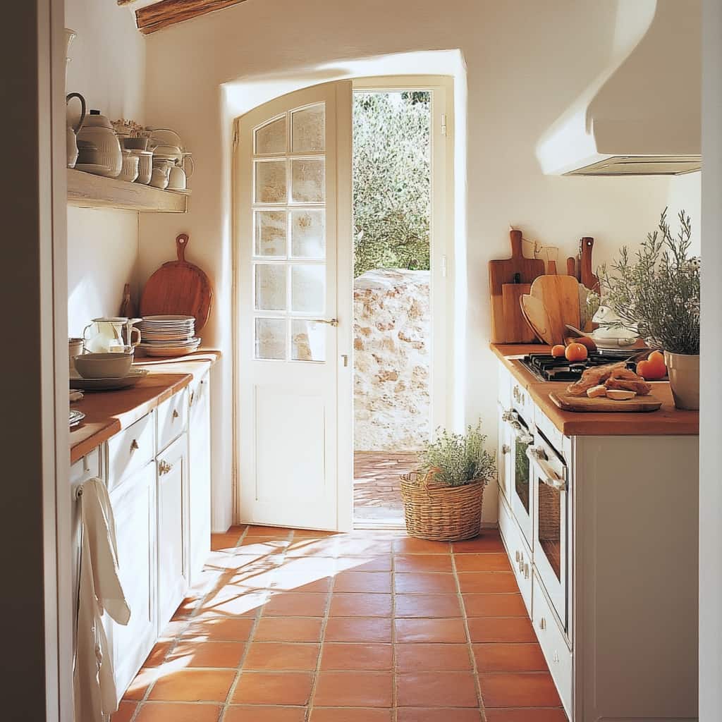Cucina stile provenzale con pavimento in cotto rosso