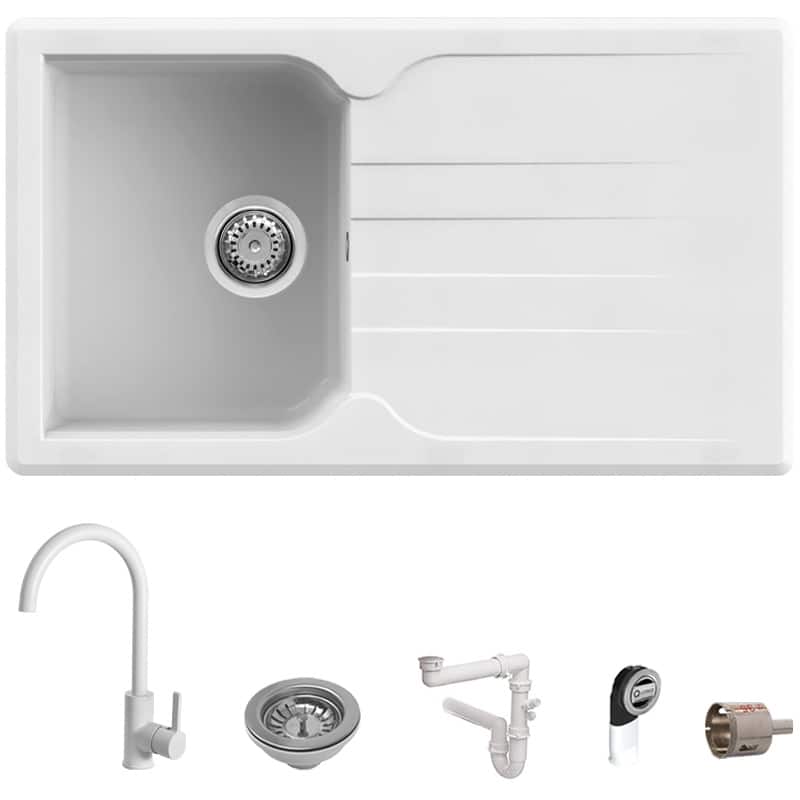 Set Lavello 86x50 Bianco Granito Prime + Miscelatore First Monocomando Canna Girevole Bianco