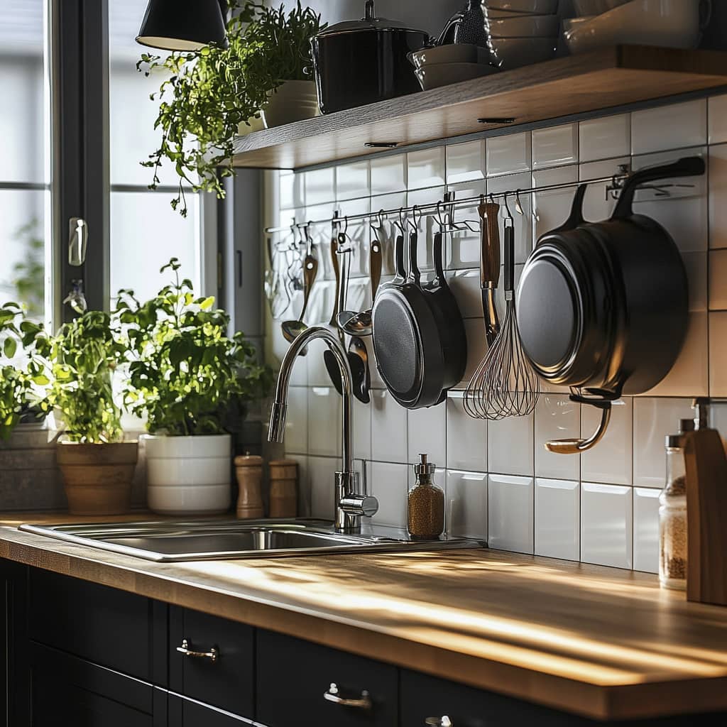 Cucina organizzata con ganci per le pentole