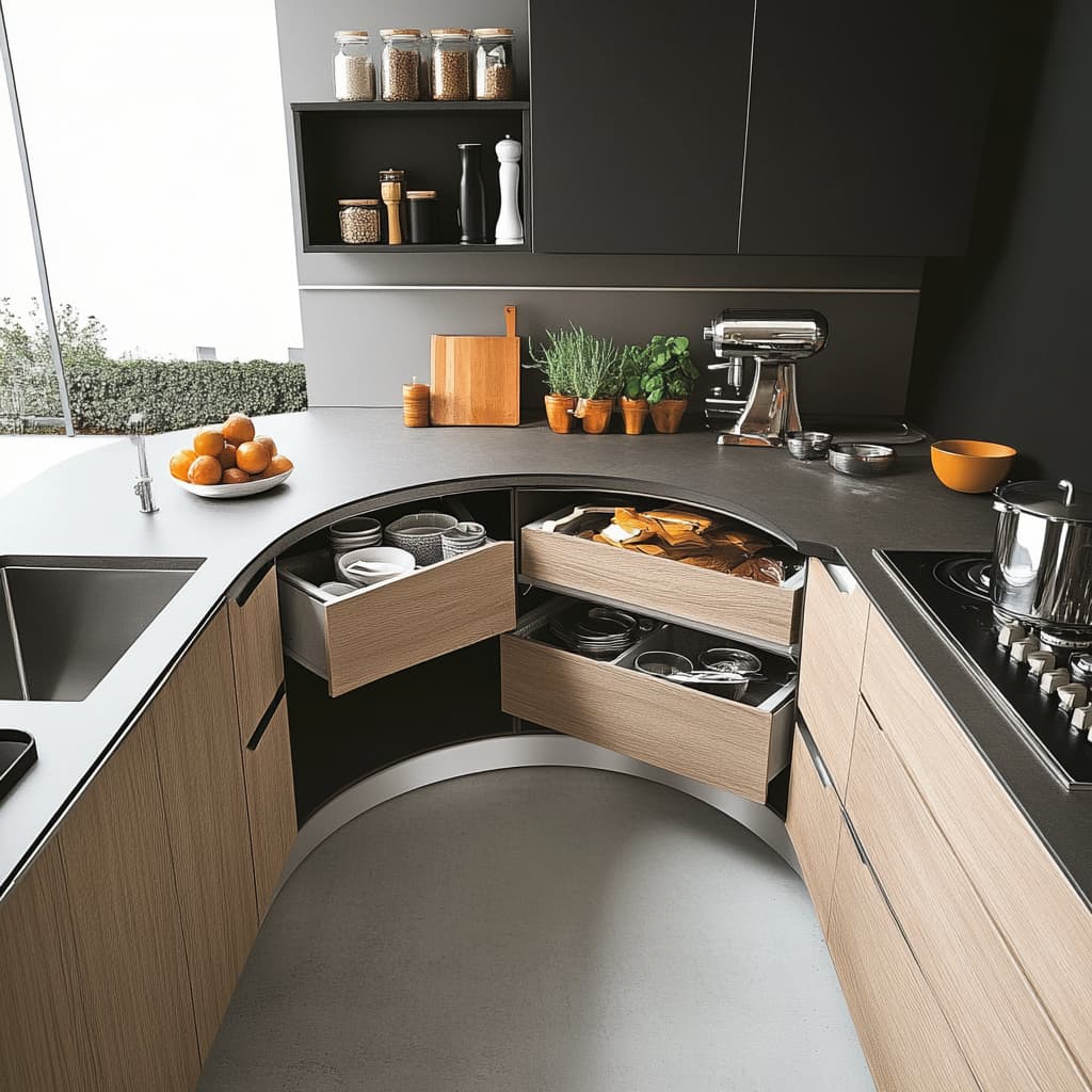 Spazio cucina ottimizzata con angoli intelligenti