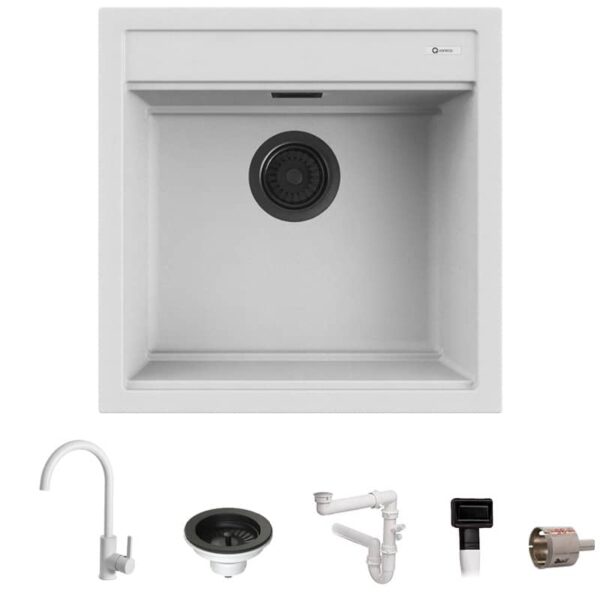 Kit Lavello 51×51 Granito Bianco e Miscelatore First Monocomando Canna Girevole Bianco | Prime 50