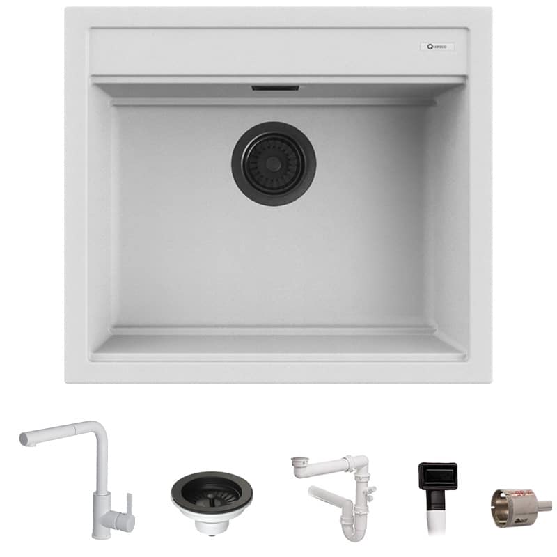 Kit Lavello 57×51 Granito Bianco e Miscelatore Harmony Monocomando Doccetta Estraibile Bianco | Prime 60